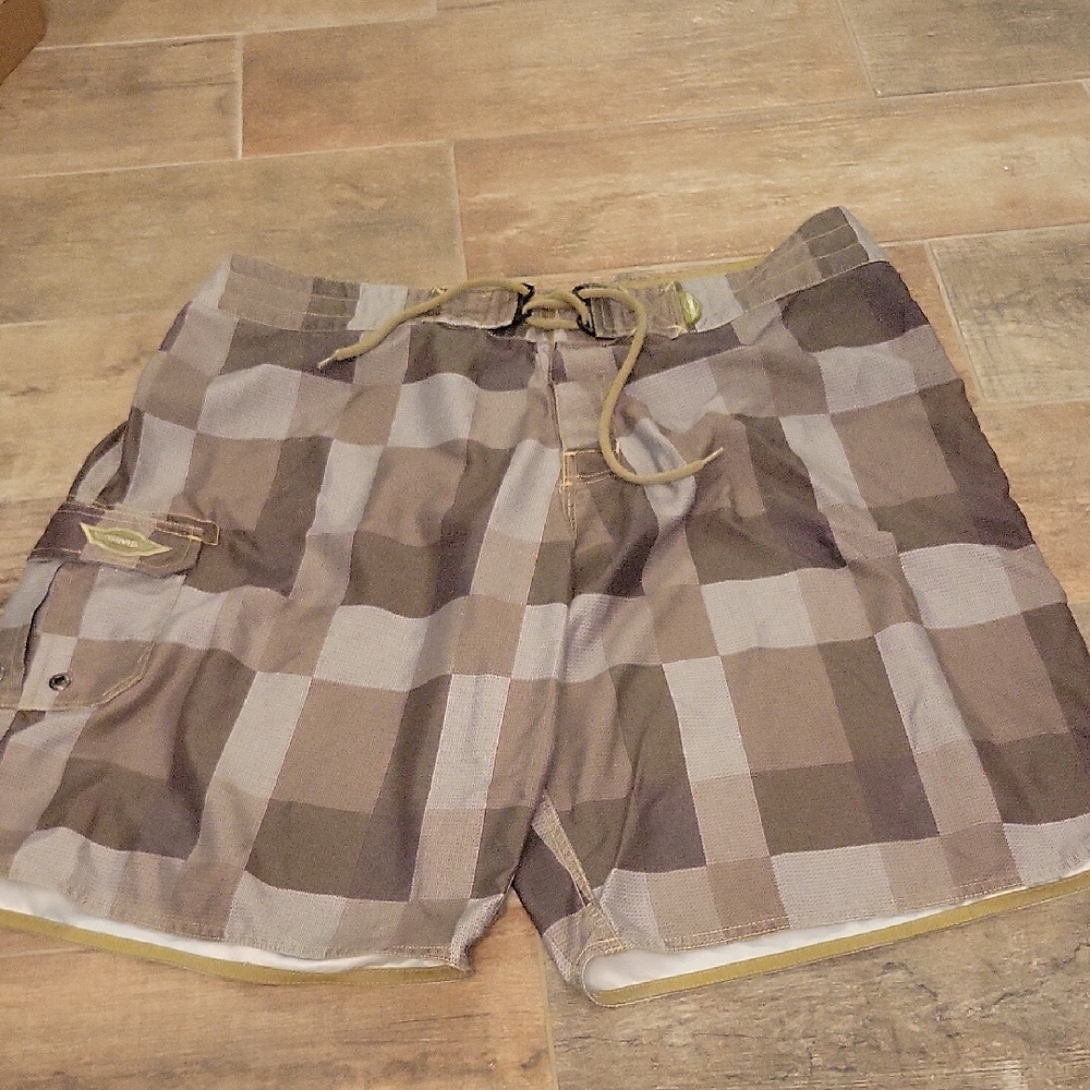 Mens Green, Gray, & Brown Board Shorts w/ Hidden Wax Scraper & Bottle Opener EUC
